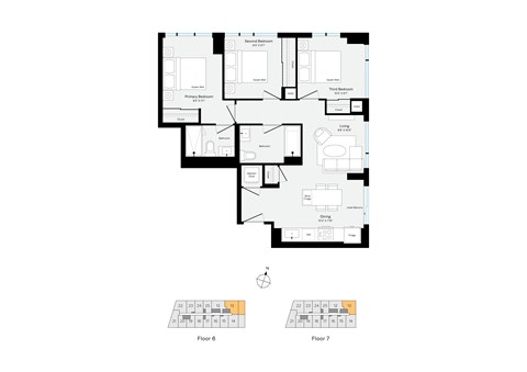 Floor plan for 3 beds, 2 baths, 916 sqft